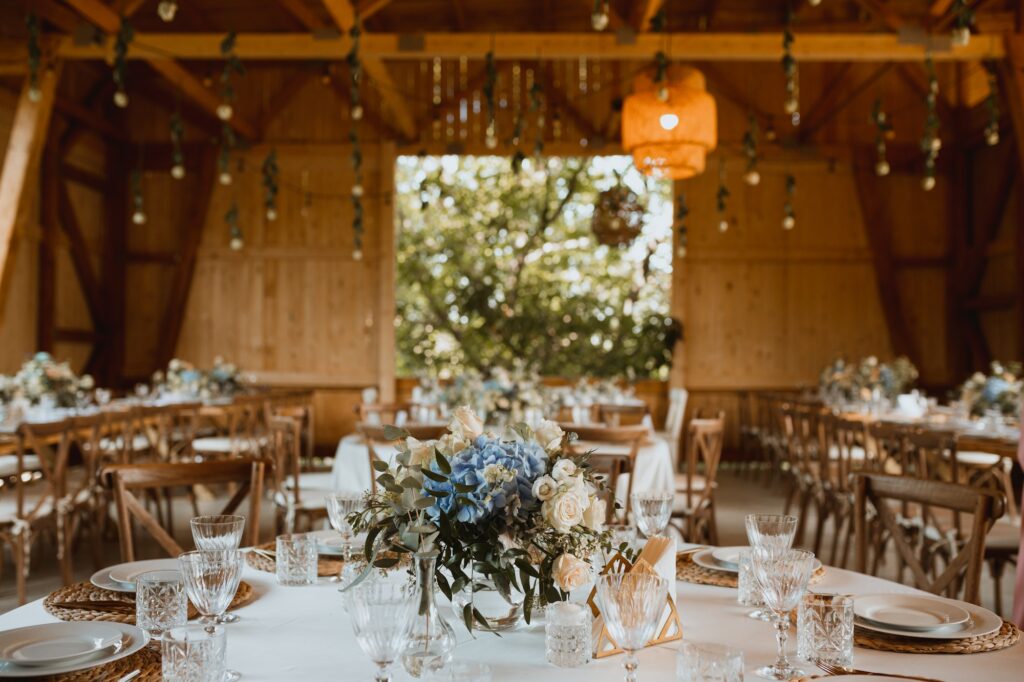 barn wedding reception with table decor